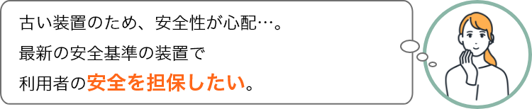 古い装置のため、安全性が心配…。最新の安全基準の装置で利用者の安全を担保したい。